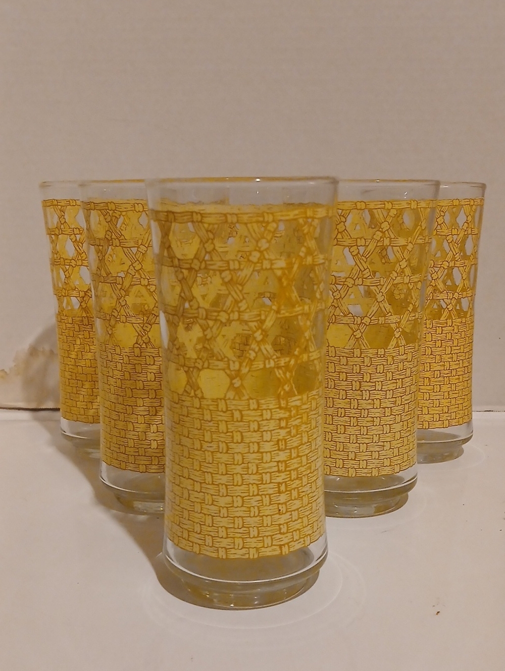 Vintage Mcm 50s Libbey Yellow Glass Tumbler Set Geometric Gold Pattern Barware
